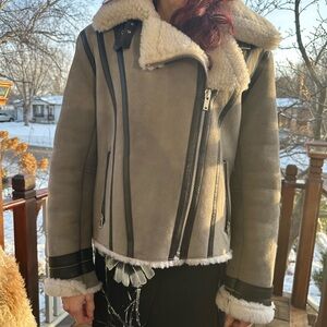 GAP Shearling-Style Moto Jacket | Gray Genuine Lamb Leather | Size M